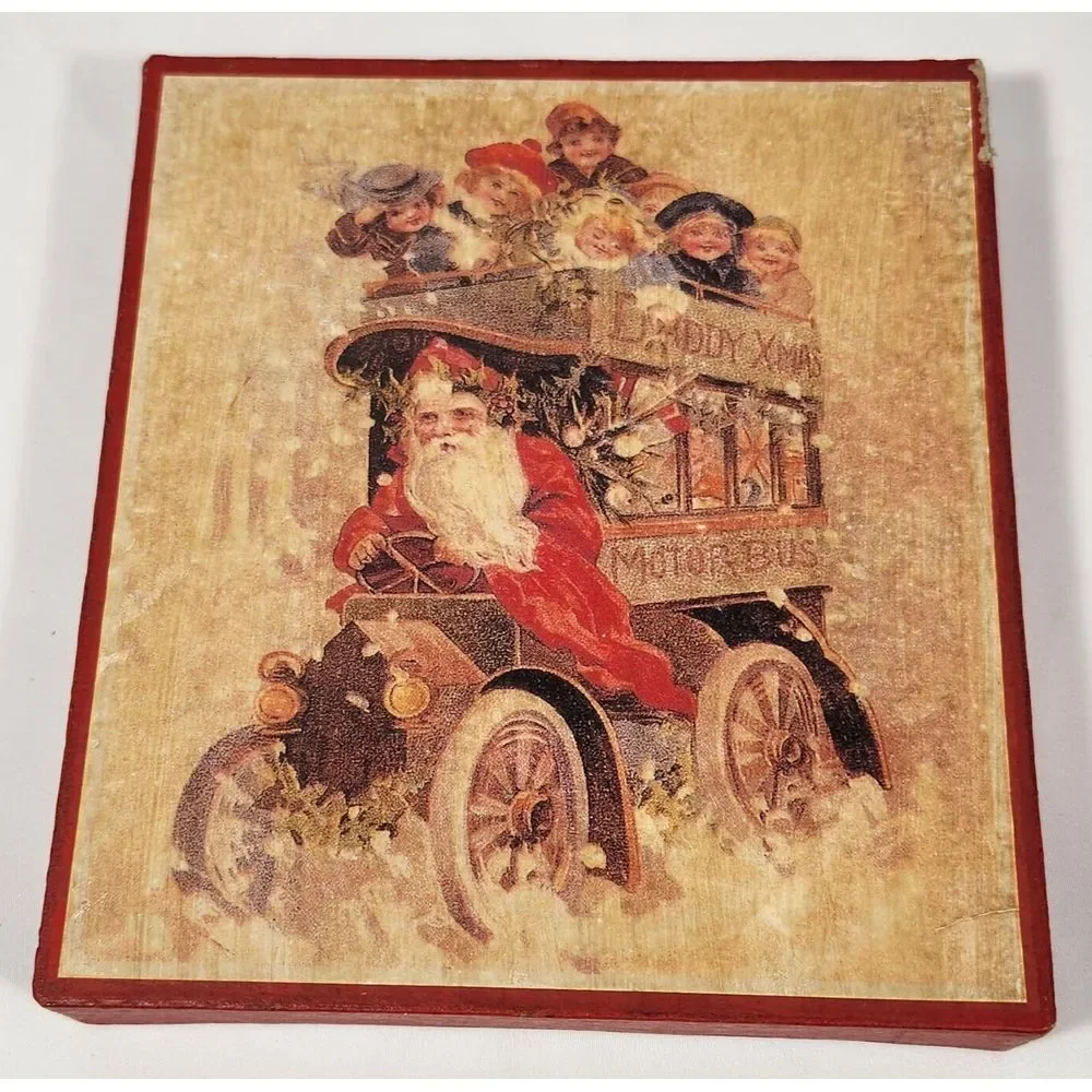 vintage Daddy Xmas Motor Bus 9 piece large wood Block‎ Puzzle santa Christmas